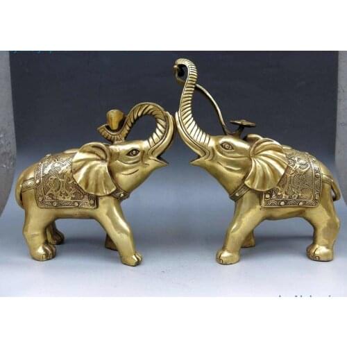 10" Chinese Brass Copper Feng shui Animal Yuanbao wealth Elephants A Pair Statue