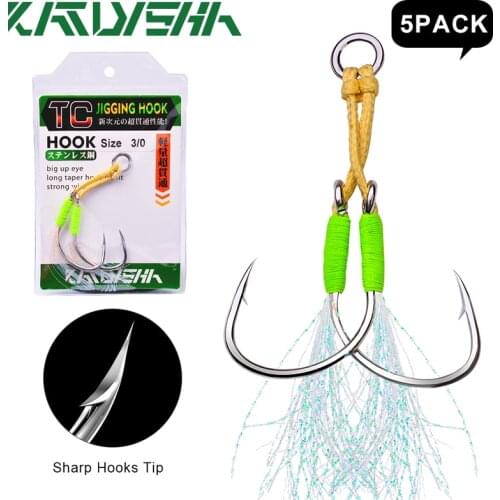 KATYUSHA 5Pack Jig Fishing Hooks 1/0-2/0-3/0-4/0-5/0# High Carbon Steel Fishhooks Double Twin Hooks Glow Feather Jiging Hooks