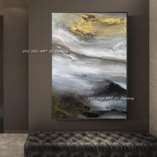 Handpainted Abstract Canvas Painting Yellow White Gray Sky Wall Art Modern Canvas Wall Pictures for Living Room Bedroom Decor