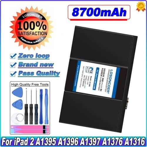 LOSONCOER 7430mAh A1395 Battery For iPad 2 A1395 A1396 A1397 A1376 A1316 +Gift Tools +stickers