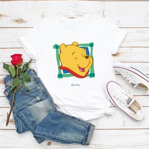 Happy Pooh Winnie T Shirts Printed Girl Lady Harajuku Tshirts Short Sleeve Summer White Disney Cartoon Cute Tee Shirt Women Tops