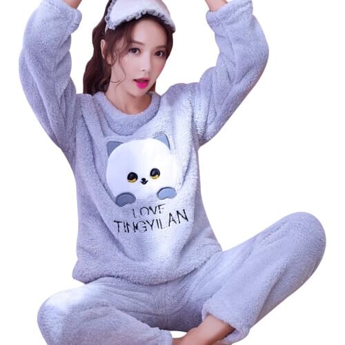 H6027 Cute Student Pajamas Women Autumn Winter Thick Flannel Plush Nightwear Coral Velvet Female Korean Round Collar Nightgown