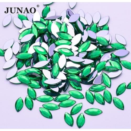 JUNAO 7*15mm Dark Green Color New Top Quality Acrylic Rhinestones Flatback Horse Eye Shape Crystal Beads for Clothing DIY Craft