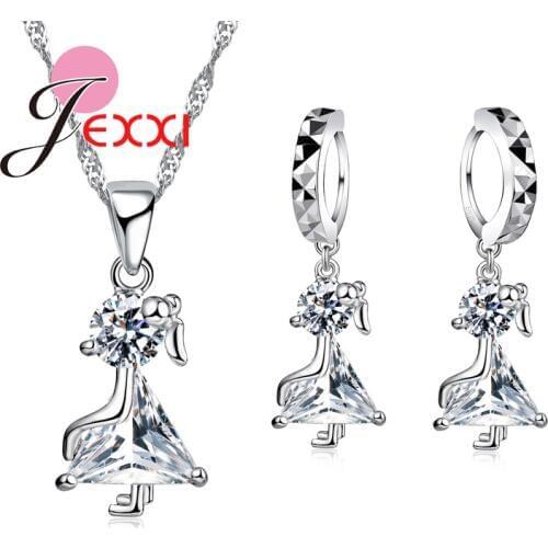 Simple 925 Sterling Silver Wedding Jewelry Sets Cubic Zirconia Dance Girl Necklace Earrings Brinocs El Collar