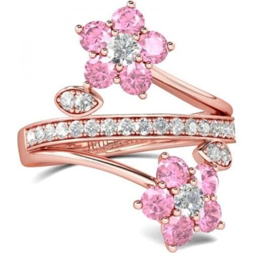 Beautiful Pink Flower Zircon stone Rose Gold Ring set for Woman wedding engagement Jewelry