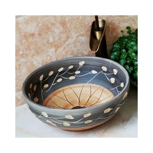 Bathroom Round Ceramic Vessel Sink Vanity Artistic Basin with Pop up Drain Combo AB242