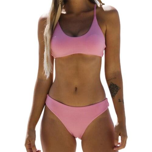 Two-Piece Swim Suit Low Waist Solid Color Padded Ribbing Bra Briefs Split Bathing Suit Bikini Set Beachwear Swimming Pool