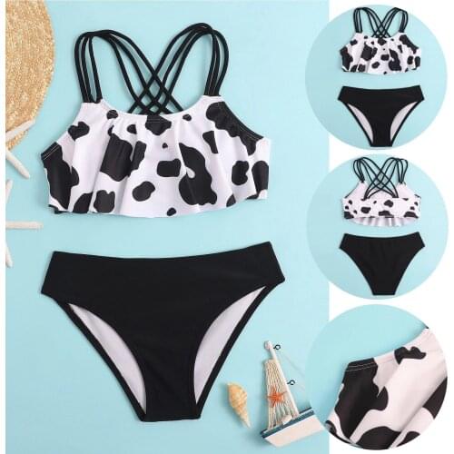 Girls' Summer Cute Crisscross Back Cow Floral Print Three-piece Swimsuit Summer Swimwear And Swimming Bikini Baby Girl