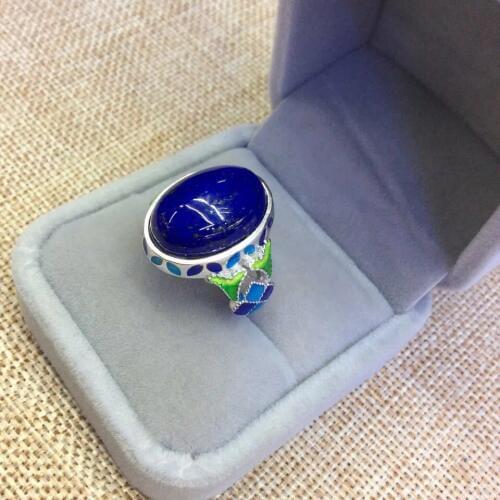 Retro Silver S925 Sterling Silver Inlaid Natural Afghan Lapis Lazy Thai Silver mens Open Ended Ring