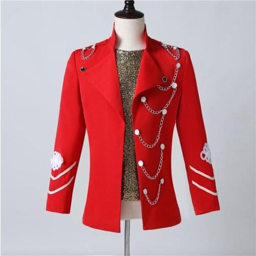 Men Chain Red Suit Singer Stage Costumes Bar Nightclub Host Blazer Jacket Male Disco Festival Carnaval Party Prom Clothes
