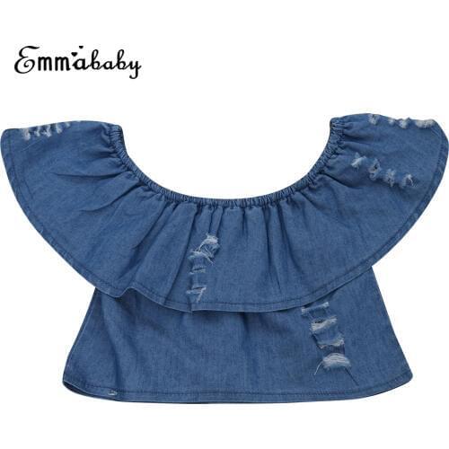 2018 new fashion Toddler Baby Kids Girls Off Shoulder Denim Tops Blouse Shirt kid slash neck ruffles hole denim blouses top