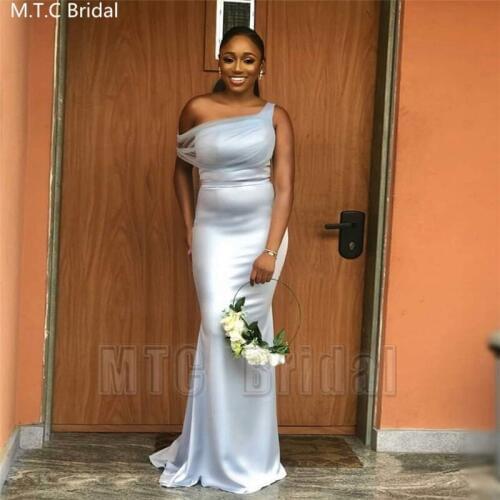New Arrival Mint Blue Shiny Satin Mermaid African Bridesmaid Dresses One Shoulder Long Maid Of Honor Black Girls Party Gowns