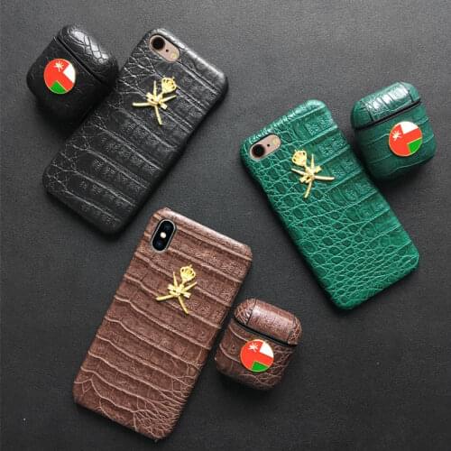 Oman National Emblem Leather Case For iPhone 6 7 8 S P X XS XR 11 12 Mini SE 2020 Pro Max AirPods Bluetooth Wireless Earphone
