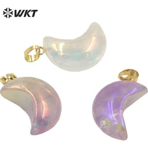 WT-P1708 Wholesale Fashion Elegant Natural Aura Gemstone half moon jewelry pendant small crystal Angel moon stone pendant