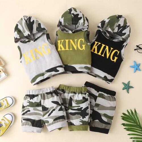 1-6Y Children Clothing Summer Kid Baby Boys Clothes Outfit Camouflage Letter print Sleeveless Hooded Tops Shorts Casual