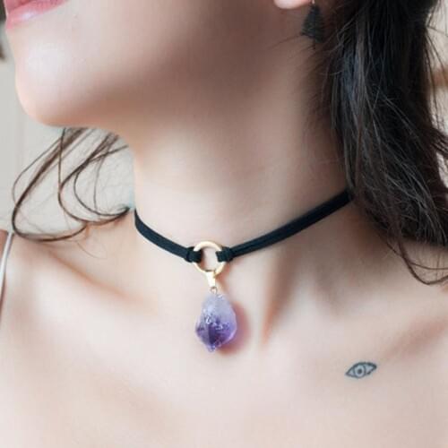 Amethyst Choker Necklace, Raw Crystal Choker Pendant, Gemstone Jewelry Healing Crystals and Stones