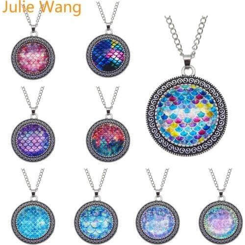 Julie Wang Mermaid Fish Scale Necklace Women Round 25mm Glass Cabochon Pendant Collar Chain Bohemian Fashion Jewelry