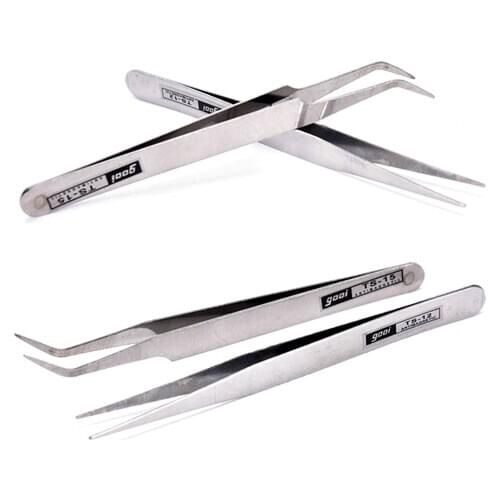 2Pcs Stainless Steel Tweezers(1Pcs Straight Head Tweezer + 1Pcs Elbow Head Tweezer)With Anti-skid Slot Nipper Forceps Nail Tools