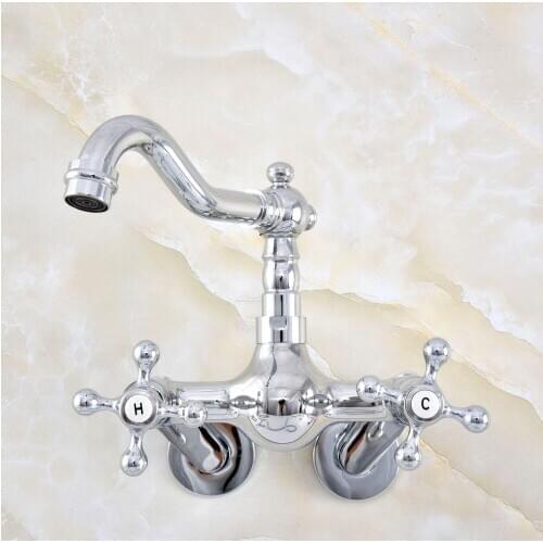Polished Chrome Wall Mounted Double Cross Handle Kitchen Sink Faucet Bathroom Basin Mixer Tap Lqg207