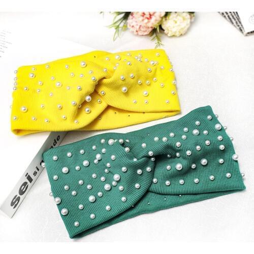 Women Pearl Headband Spiral Double Cloth Knit Wide Hair Band Solid Color Hairband Headwear Fashion Hair Accessories