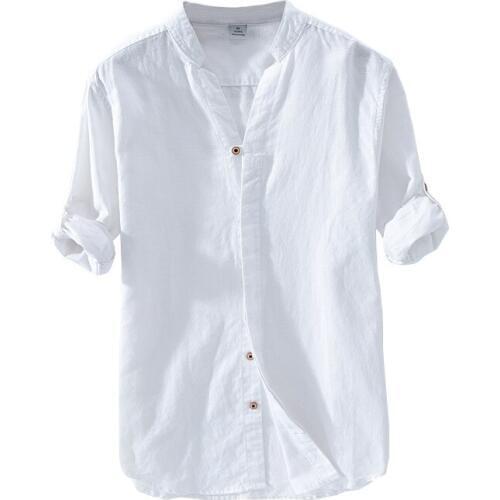 Spring Summer Cotton Linen Shirt Mens Long Sleeve Chinese Collar Shirts For Men Casual Solid Color Withe Linen Loose Tees Tops