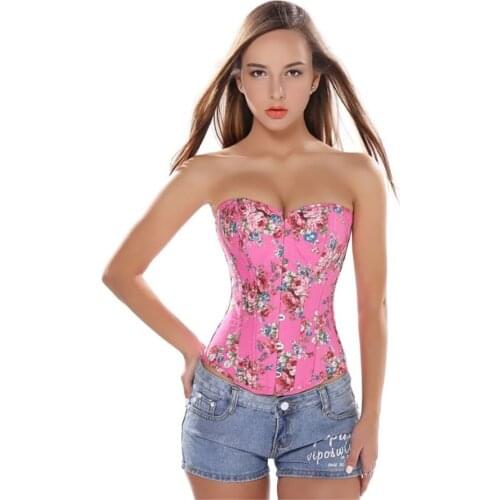 S-XXL Women Retro Denim Floral Print Pattern Overbust Corset Fashion Sexy Body Shaping Tops
