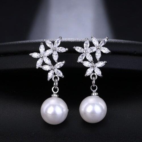 KSRA Chandelier Teardrop Pearl Earrings Cream Leaf Vine Cubic Zirconia Long Earrings Floral Wedding Vintage Jewelry Prom Party