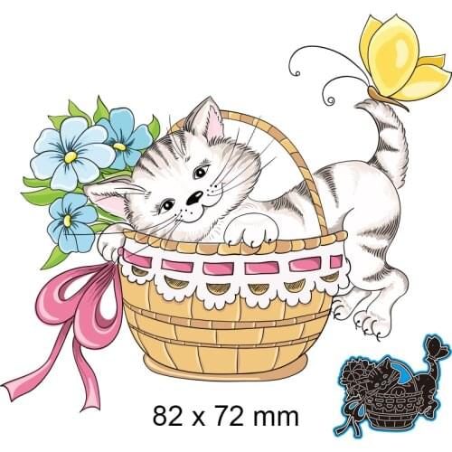Cutting Dies Flower Basket Kitten New Metal Stencils DIY Scrap Booking Paper Cards Making Decoration 82*72mm