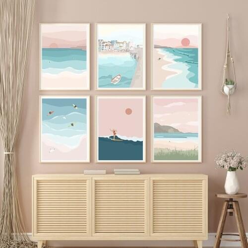 Nordic Sunset Clound Wave Beach Seascape Wall Art Canvas Poster and Print Surfer Painting Decor Modular Picture for Living Room