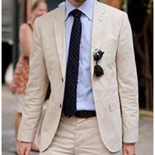ANNIEBRITNEY Custom Made Ivory Beige Linen Men Suits For Wedding Groom Tuxedos Summer Beach Casual Groomsman Best Men Suits Set