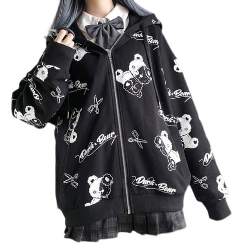 Thin Black Cartoon Bear Hoodie Streetwear Hip Hop Women Gothic Sweatshirts Casual Autumn High Street Hoodies Funny Harajuku Tops