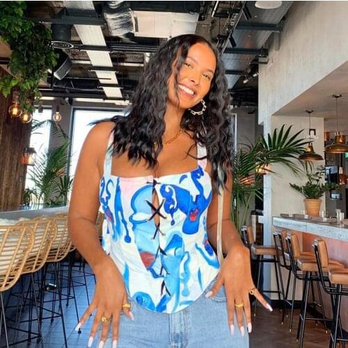 Tie Dye Print Camis Women Patchwork Sexy Strap Corset Top Lace Up Bandage Bodycon Tees 2021 Summer Clothes Party Streetwear