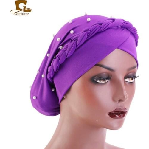 New Bohemian style cap Women Beaded braid Bandanas Headwear Cap Muslim Turban Hair Accessories Fashion Ladies Chemo Cap