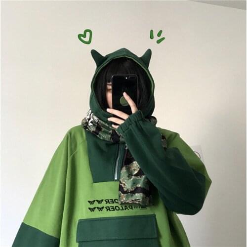 Harajuku Frog Hoodie Alt Aesthetic Streetwear Women Anime Long Sleeve Oversized Sweet Kawaii Cute Pullover Green Top Girls Y2k