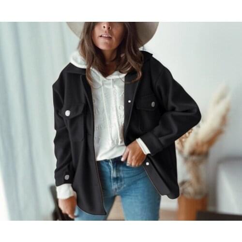 Womens 2020 Popular Casual Long Sleeve Lapel Pocket Breasted Woolen Overalls Woman Jacket Black Coat
