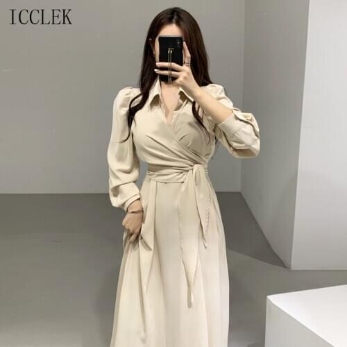 New Fashion Korean One-Piece WomenS Chiffon Dress Long Dress 2021 Spring Autumn Elegant Full Sleeve Solid Color Casual Dress