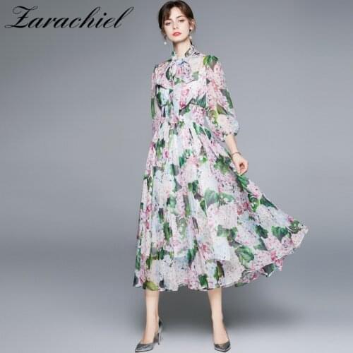 Autumn Elegant Hydrangea Floral Dress Women Bow Collar Puff Sleeve Flower Print Lace Up Chiffon Pleated Party Long Vestidos