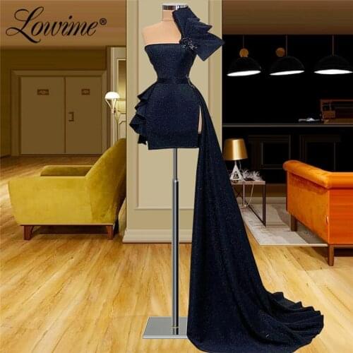 Navy Blue High Low One Shoulder Party Dress 2021 Custom Made Arabic Beaded Women Evening Gowns Celebrity Prom Dresses Robes