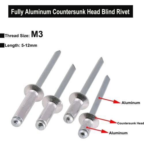 50Pcs Totally Aluminum Flat Countersunk Head Blind Rivets M3 Length 5-12mm