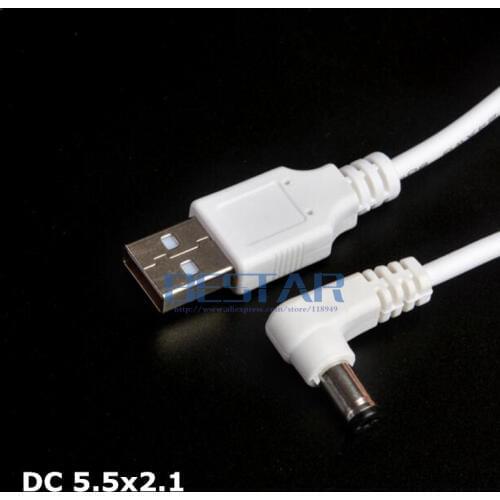 White DC Elbow Power cable Plug USB To DC 5.5*2.1 5.5*2.1mm 5.5mm x 2.1mm 5.5x2.1mm Jack Right Angle L shape charge Cable 1M