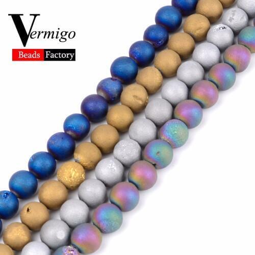 6 8 10mm Metallic Coated Colorful Druzy Agates Stone Beads For Needlework Jewelry Making Onyx Diy Bracelet Accessories