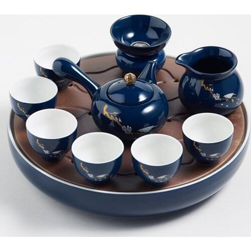Household ceramic kung fu tea set teapot and cup set Japanese simple small tea table tea sea blue glaze teaware gift for friend