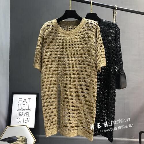 Cakucool new shiny knitted dress o neck half sleeve holes high slit solid midi vestidos loose large size khaki womens clothing