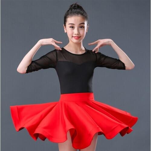 Childrens Latin Dnce Suit With Black Half Sleeves Lace Top Shirt And Big Skirt Red Skirt Girl Latin Exercise Clothing