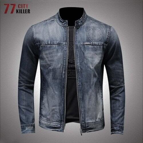 Embossing Denim Jacket Men Big Size 5XL Stand Collar Zipper Motorcycle Cowboy Coats Mens Vintage Washed Cycling Jeans Jackets