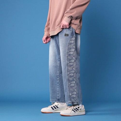 Washed Stitching Jeans Printed Cashew Flower Streetwear Hiphop Casual Loose Wide-leg Pants High Street Straight Trousers Autumn