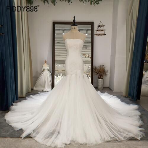 Elegant Mermaid Wedding Dresses Strapless Chapel Train Bride Dress Long Wedding Gowns for Women 2020 Vestido de Noiva Simples
