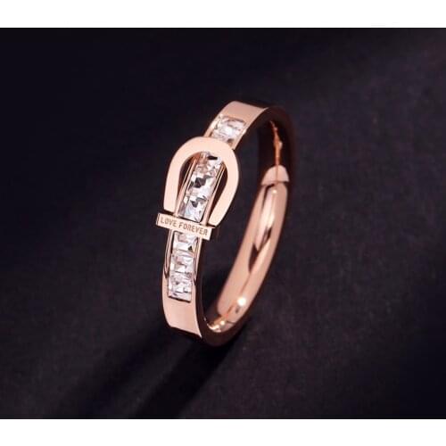 316L Stainless Steel New Fashion Upscale Jewelry Rose Gold Color Zircon Belt Buckle Shape Wedding Bride Rings For Women Ladies
