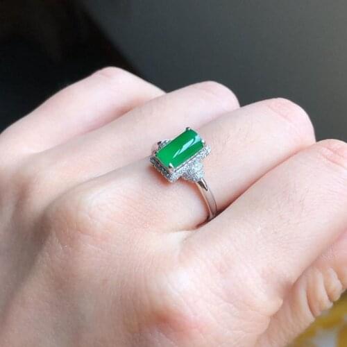 Original natural green chalcedony geometric opening adjustable ring Chinese retro light luxury charm lady silver jewelry