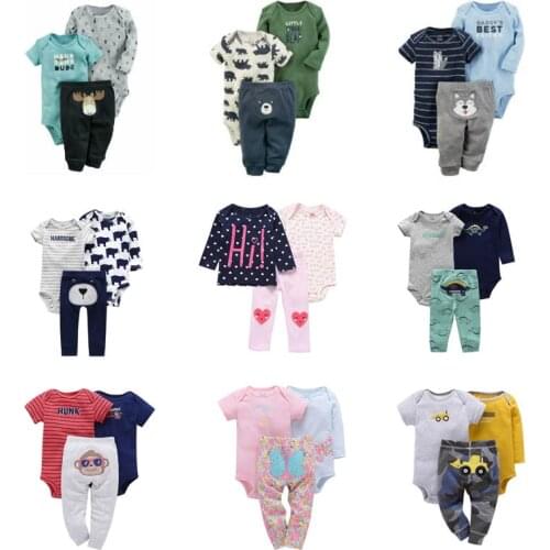 3 Pieces Sets Newborn Baby Clothing 2020 Summer Fall Cartoon Long/Short Sleeve Tops+Bodysuit+Pants Infant Baby Clothes Outfits